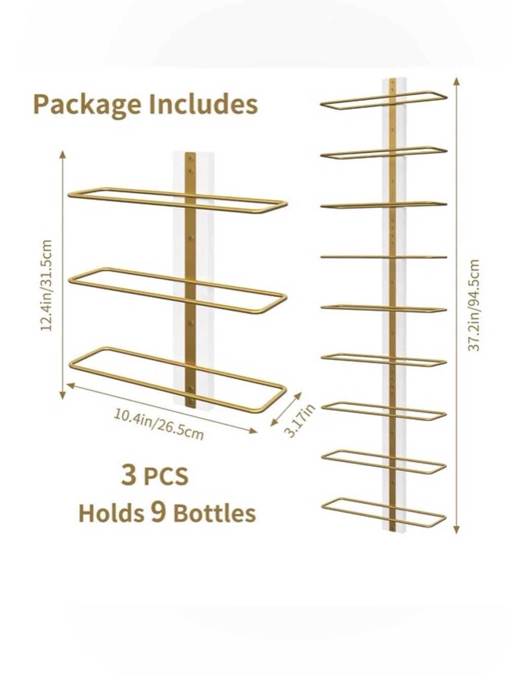 2 Gold Wall-Mounted Wine Rack - 3-Tier Bottle Holder